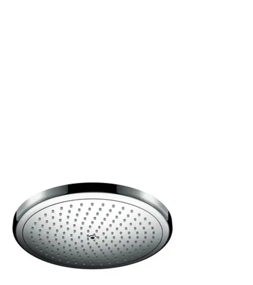 Runde Kopfbrause von Hansgrohe mit einer glatten, verchromten Oberfläche und gleichmäßig angeordneten Wasserjets. Ideal für die Installation in Duschen.